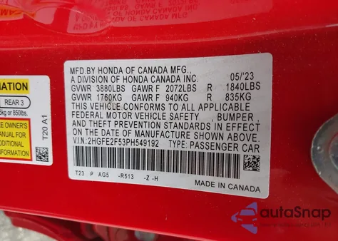 2023 Honda Civic Sport from USA, damaged, VIN 2HGFE2F53PH549192